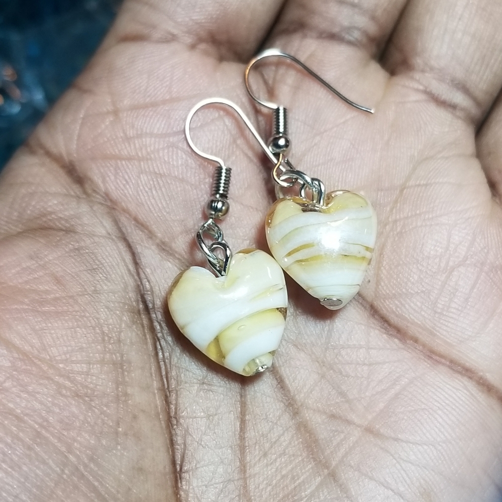Heart Shaped Glass Bead Earrings-tan